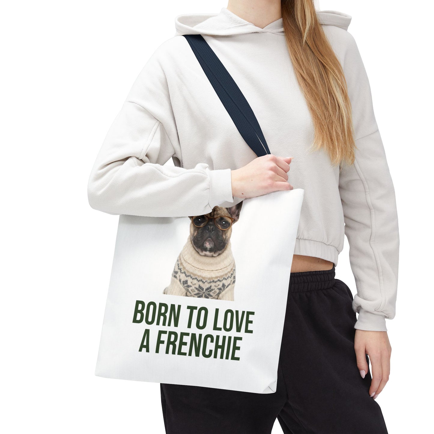 Born to Love a Frenchie Tote Bag — French Bulldog Nordic Sweater Design