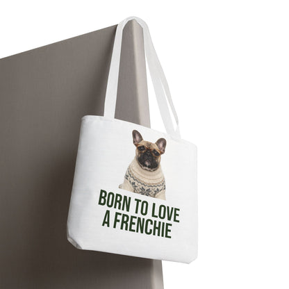 Born to Love a Frenchie Tote Bag — French Bulldog Nordic Sweater Design
