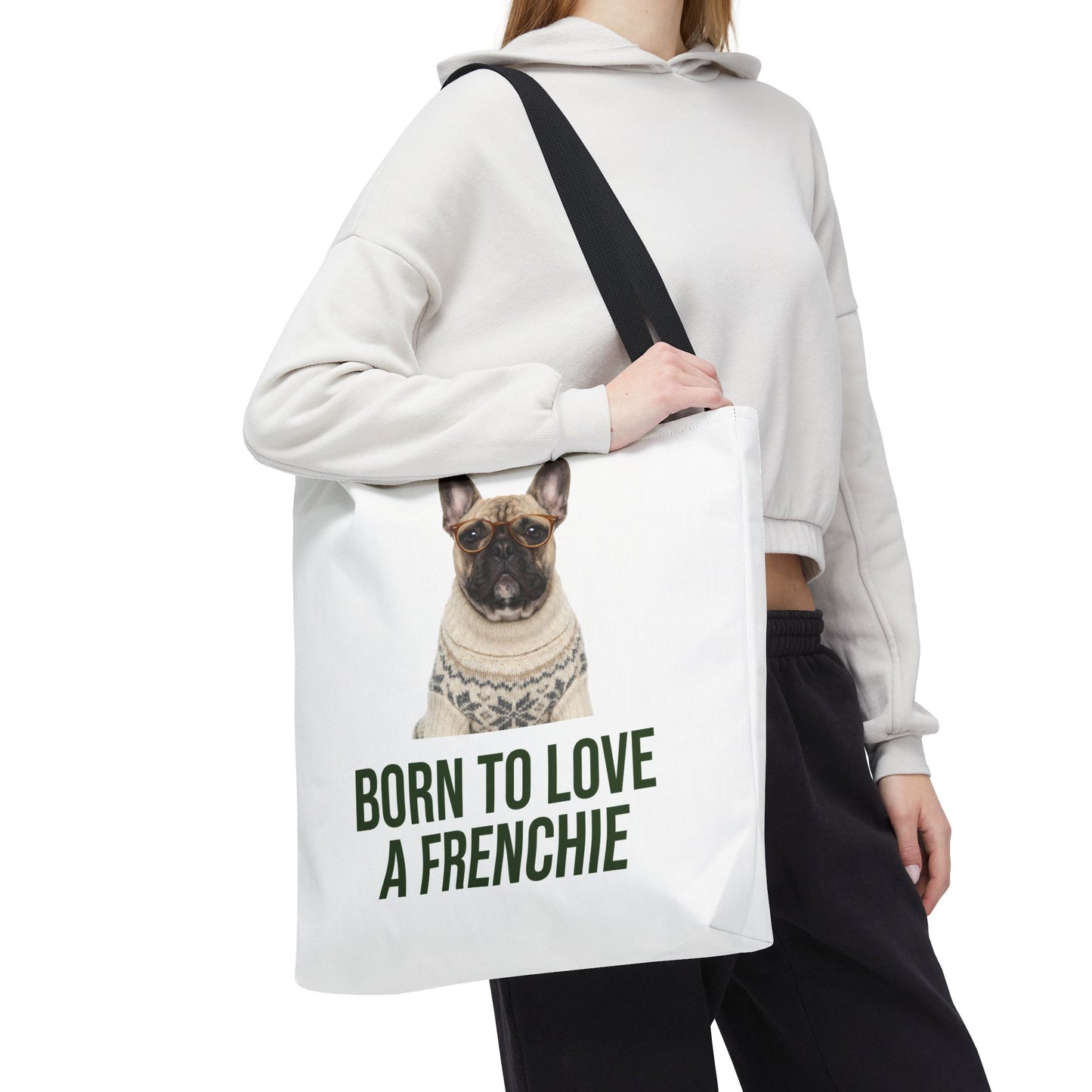 Born to Love a Frenchie Tote Bag — French Bulldog Nordic Sweater Design