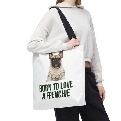Born to Love a Frenchie Tote Bag — French Bulldog Nordic Sweater Design