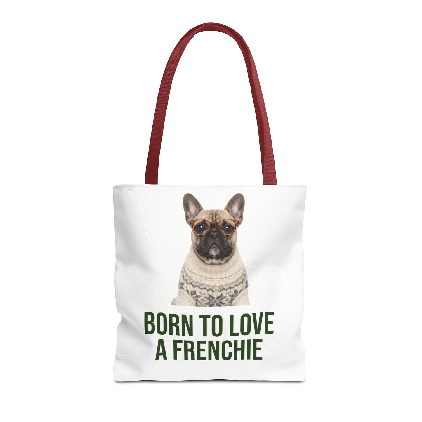 Born to Love a Frenchie Tote Bag — French Bulldog Nordic Sweater Design