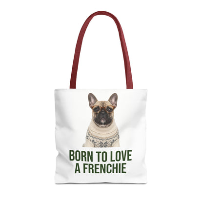 Born to Love a Frenchie Tote Bag — French Bulldog Nordic Sweater Design