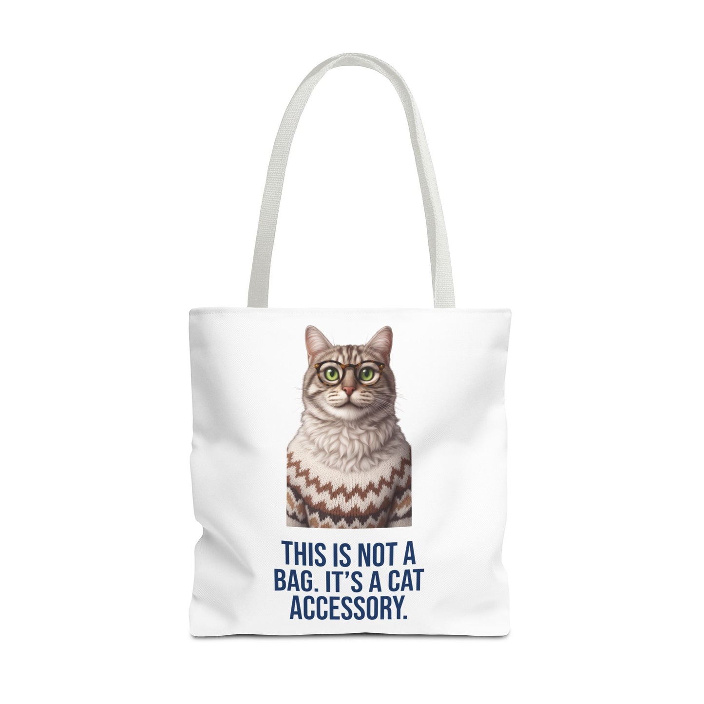 Tabby Cat with Glasses & Nordic Sweater Tote Bag — "This Is Not a Bag. It's a Cat Accessory"