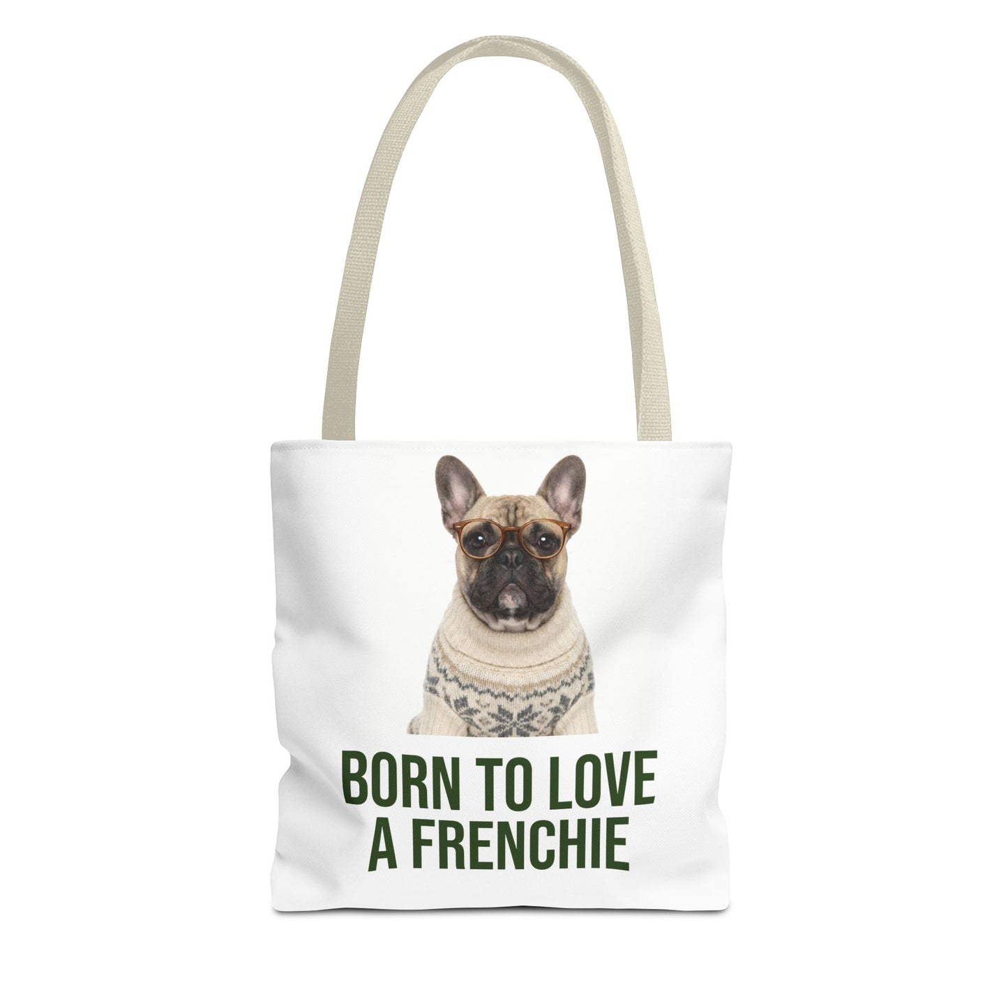 Born to Love a Frenchie Tote Bag — French Bulldog Nordic Sweater Design