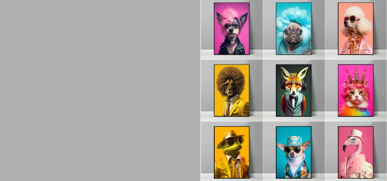 Collection of colorful animal portraits on a shelf against a gray background