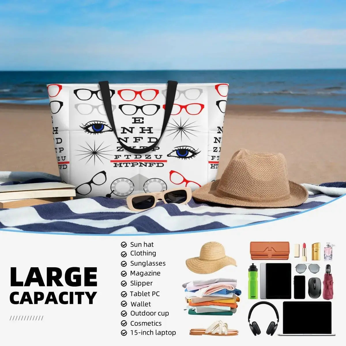 Eye chart tote bag on beach with sun hat, showcasing large capacity for essentials and stylish design.