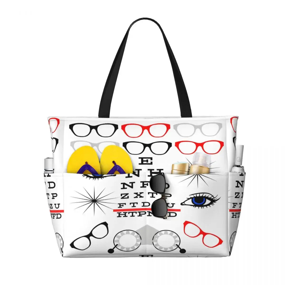 Eye chart tote bag featuring playful glasses design, perfect for eye care professionals and trendsetters.