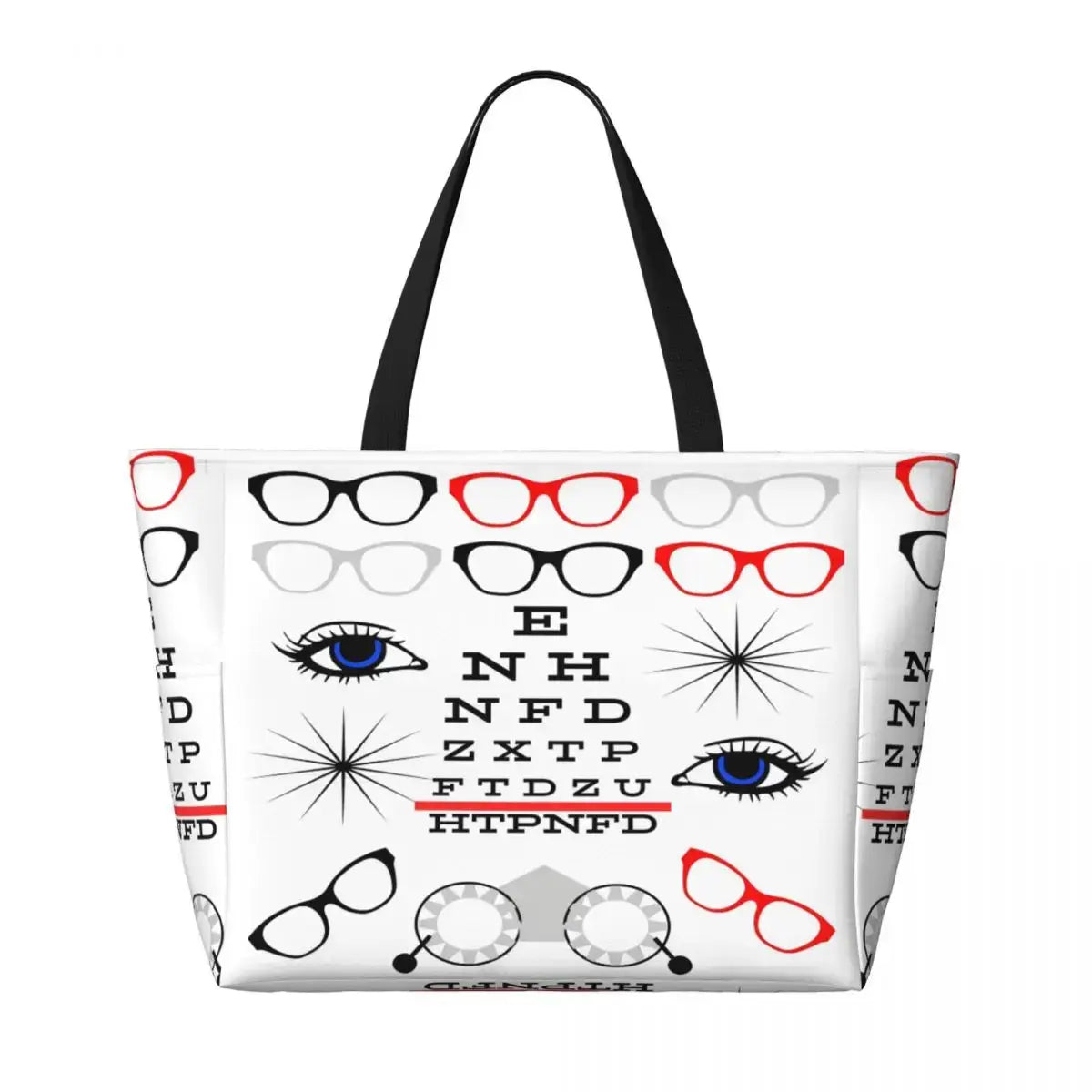 Eye chart tote bag featuring glasses and eye test letters in a colorful design, perfect for vision care professionals.
