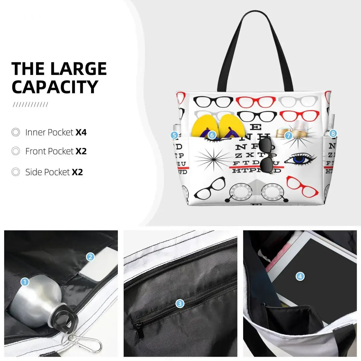 Eye chart tote bag showcasing large capacity with inner, front, and side pockets for convenient storage.