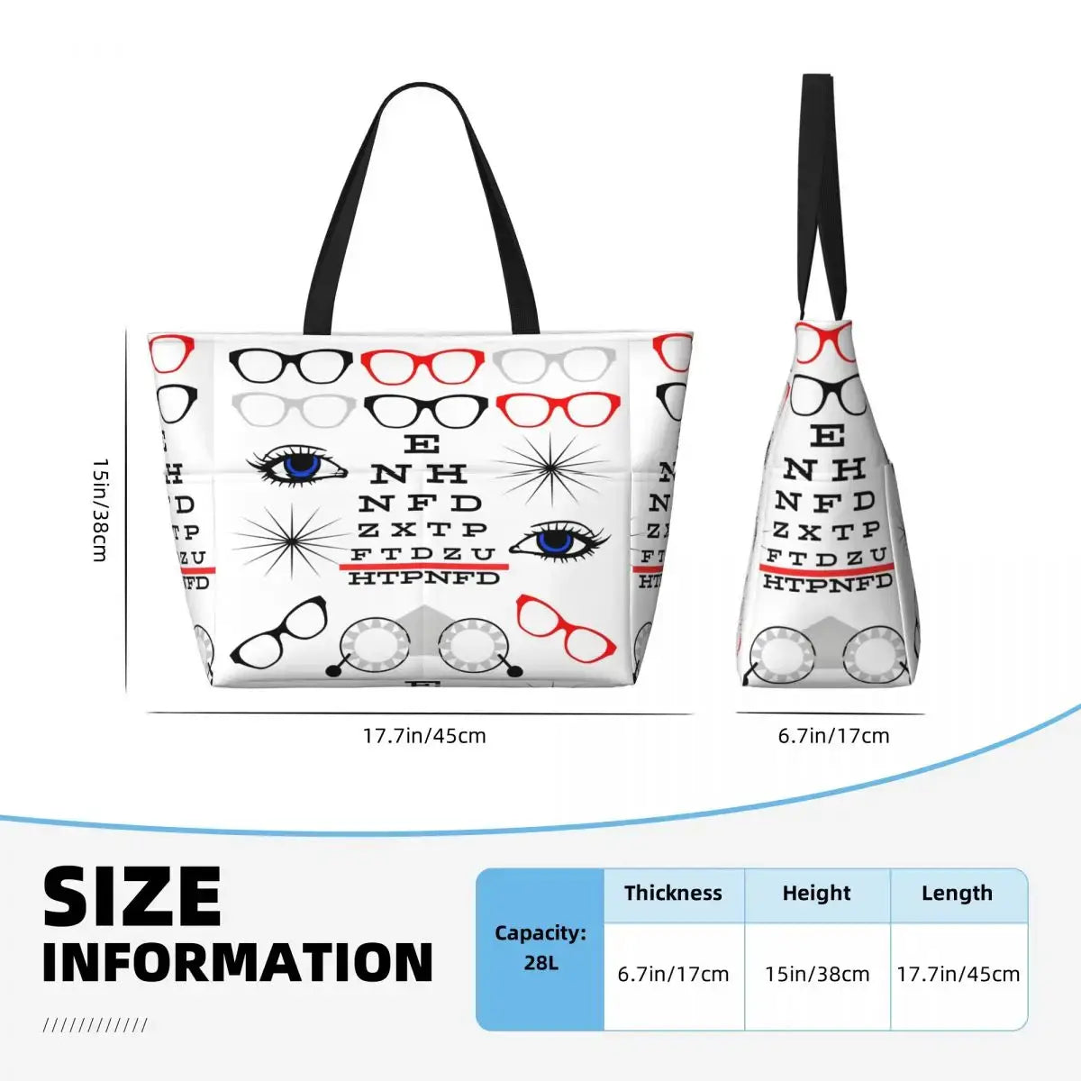 Eye chart tote bag showing size information with dimensions of 17.7in x 15in x 6.7in, stylish design for eye care professionals.