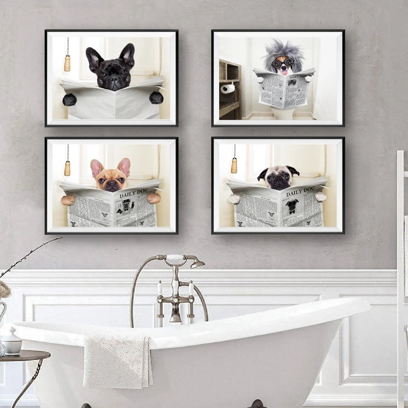 Four framed prints of dogs in a bathroom setting with a bathtub below.
