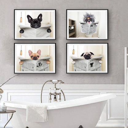 Four framed prints of dogs in a bathroom setting with a bathtub below.